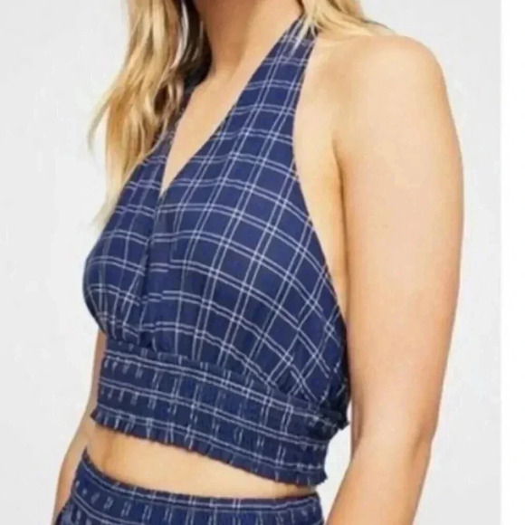 Free People Summer Siesta Size Medium Halter Sleeveless Plaid Blue Crop Top - Picture 1 of 7